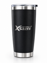 XSAZNI 20 oz Insulated Travel Mug, Stainless Steel Vacuum Tumbler with Magnetic Sliding Lid and Plastic Straw, Double Wall Thermal Coffee Cup for Hot & Cold Drinks, Black/ Ocean Blue