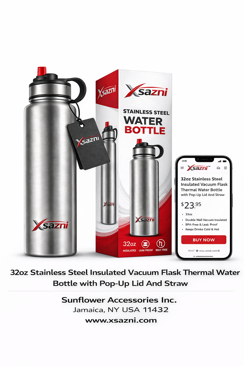 XSAZNI 32oz Stainless Steel Insulated Water Bottle with Straw Lid – Vacuum Double Wall Thermal Flask, Leakproof Sports Bottle for Gym, Travel, Hiking