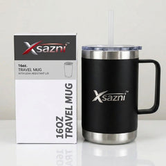 XSAZNI 16 oz Insulated Travel Coffee Mug with Handle, Stainless Steel Vacuum Tumbler with Magnetic Sliding Lid, Double Wall Thermal Coffee Cup for Hot & Cold Drinks, Office, Home, Camping, Black