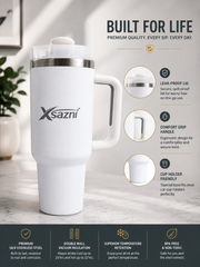 XSAZNI 40 oz Insulated Tumbler with Handle and Straw, Stainless Steel Travel Mug with 2-in-1 Screw-On Lid, Double Wall Vacuum Coffee Cup for Hot & Cold Drinks, Car, Gym, Office & Camping, White Impatiens  Blue