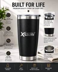 XSAZNI 20 oz Insulated Travel Mug, Stainless Steel Vacuum Tumbler with Magnetic Sliding Lid and Plastic Straw, Double Wall Thermal Coffee Cup for Hot & Cold Drinks, Black/ Ocean Blue