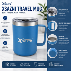 XSAZNI 16 oz Insulated Travel Coffee Mug with Handle, Stainless Steel Vacuum Tumbler with Magnetic Sliding Lid, Double Wall Thermal Coffee Cup for Hot & Cold Drinks, Office, Home, Camping, Black