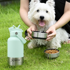 XSAZNI 32 oz Insulated Dog Water Bottle  Bluish Whitewith 2 Detachable Bowls, 3-in-1 Stainless Steel Pet Water Bottle, Vacuum Insulated Travel Water Dispenser for Small & Medium Dogs, Cats, Hiking, Walking & Camping