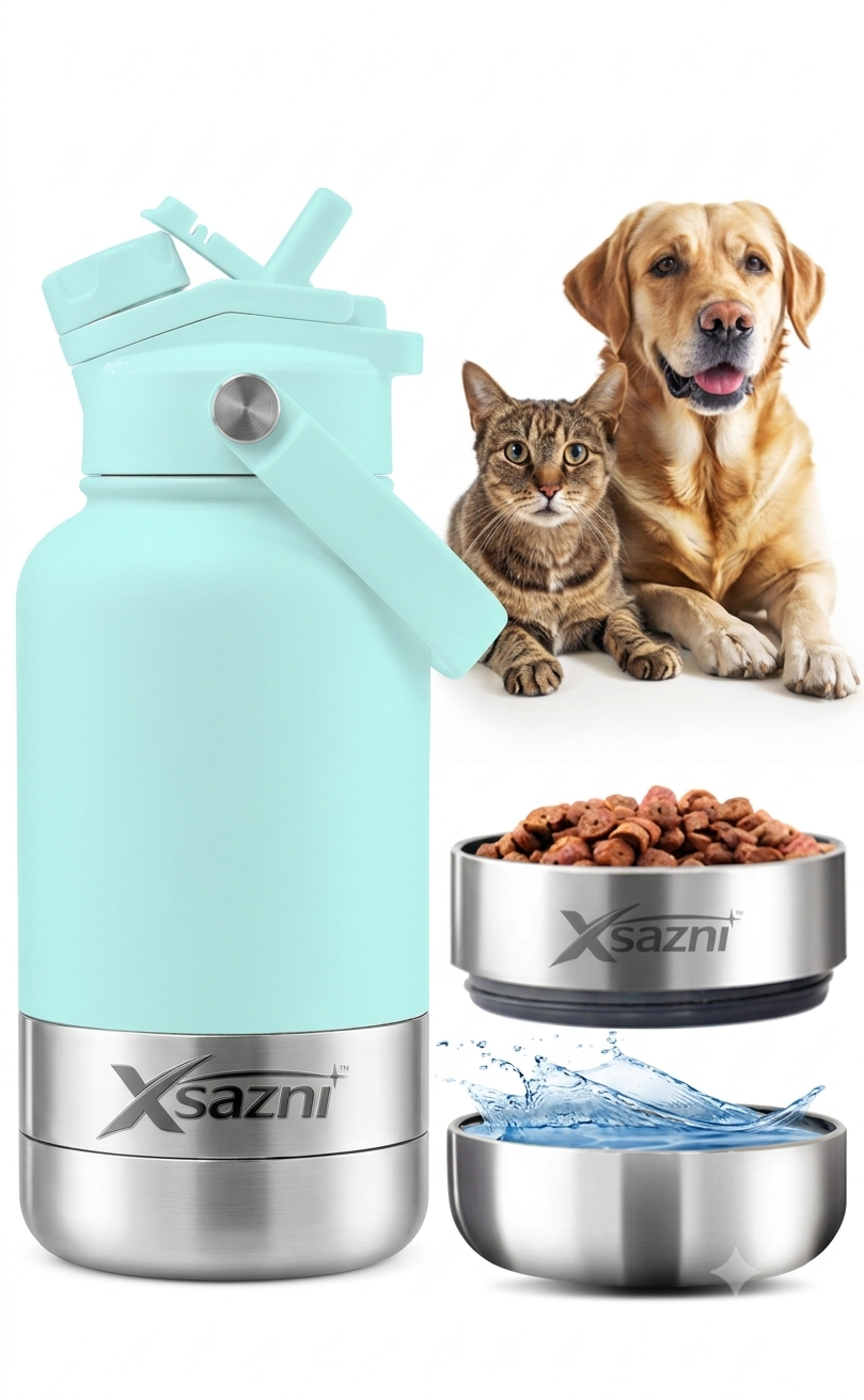 XSAZNI 32 oz Insulated Dog Water Bottle  Bluish Whitewith 2 Detachable Bowls, 3-in-1 Stainless Steel Pet Water Bottle, Vacuum Insulated Travel Water Dispenser for Small & Medium Dogs, Cats, Hiking, Walking & Camping
