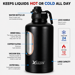Xsazni 64 oz Insulated Water Bottle, Stainless Steel Vacuum Flask with Leak-Proof Lock Lid, Double Wall Metal Bottle with Carry Strap, Large 1.9L Reusable Bottle for Gym, Travel & Outdoor