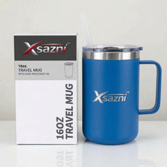 XSAZNI 16 oz Insulated Travel Coffee Mug with Handle, Stainless Steel Vacuum Tumbler with Magnetic Sliding Lid, Double Wall Thermal Coffee Cup for Hot & Cold Drinks, Office, Home, Camping, Black