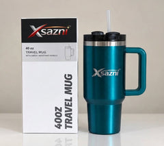 XSAZNI 40 oz Insulated Tumbler with Handle and Straw, Stainless Steel Travel Mug with 2-in-1 Screw-On Lid, Double Wall Vacuum Coffee Cup for Hot & Cold Drinks, Car, Gym, Office & Camping, White Impatiens  Blue